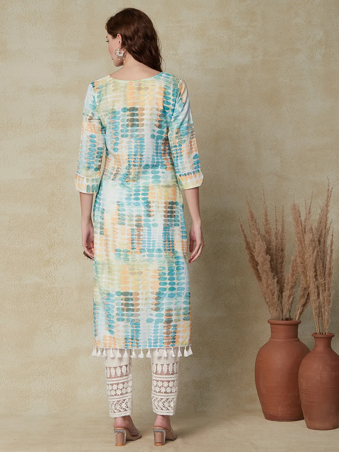 Abstract Printed Straight Fit Kurta - Sea Green