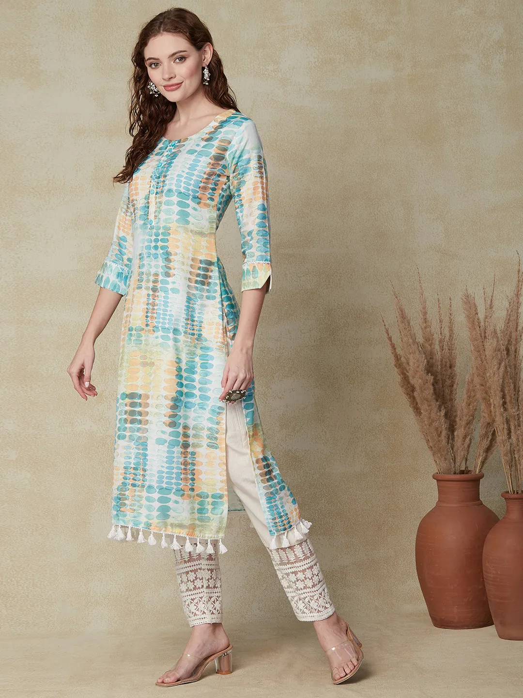 Abstract Printed Straight Fit Kurta - Sea Green