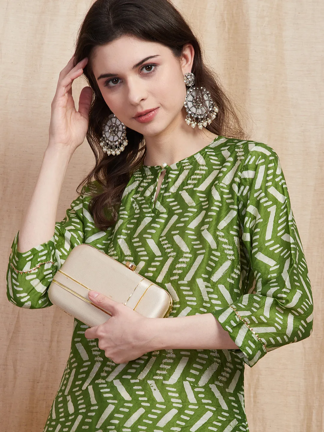 Abstract Printed Zari Embroidered Kurta - Green