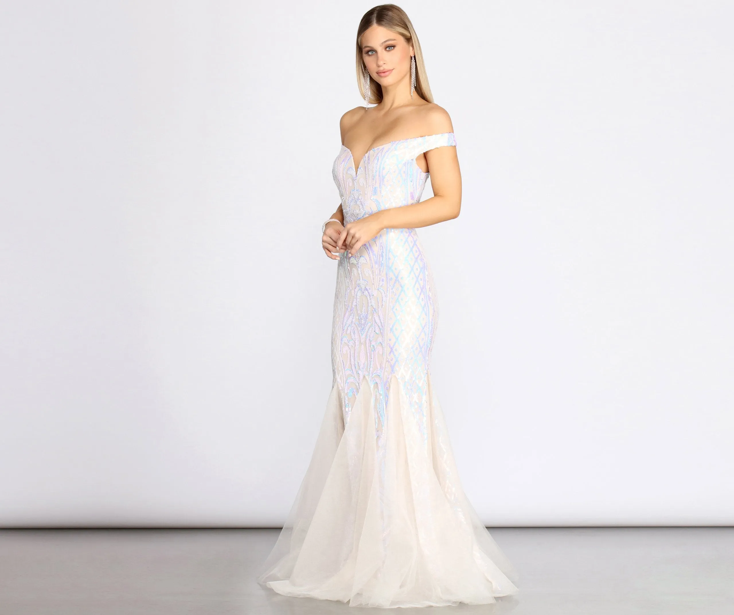 Andrina Iridescent Sequin & Graceful Tulle Off Shoulder Mermaid Dress