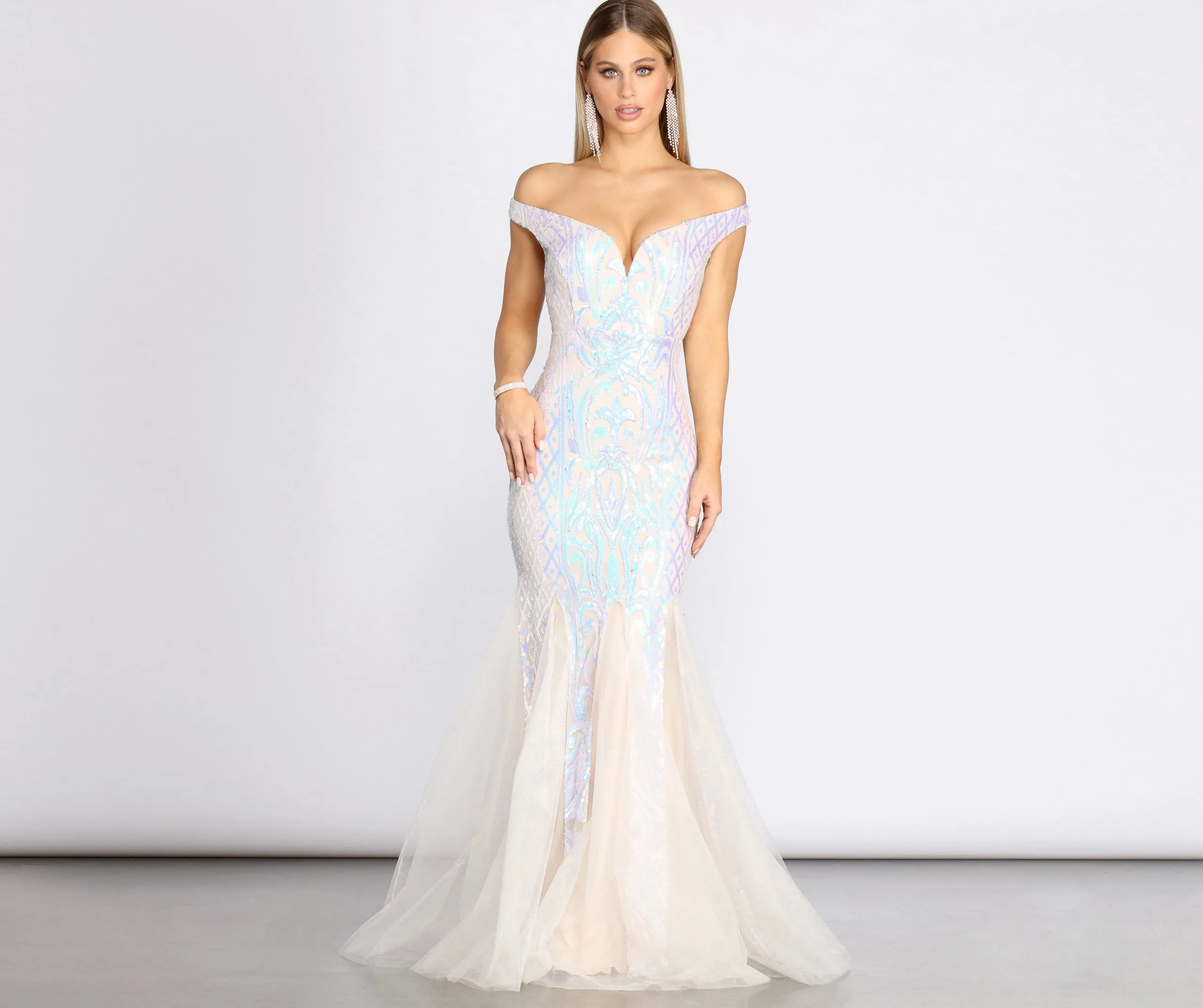 Andrina Iridescent Sequin & Graceful Tulle Off Shoulder Mermaid Dress