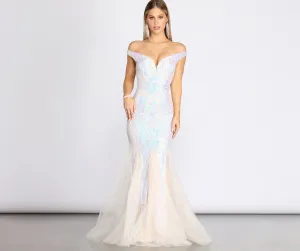 Andrina Iridescent Sequin & Graceful Tulle Off Shoulder Mermaid Dress