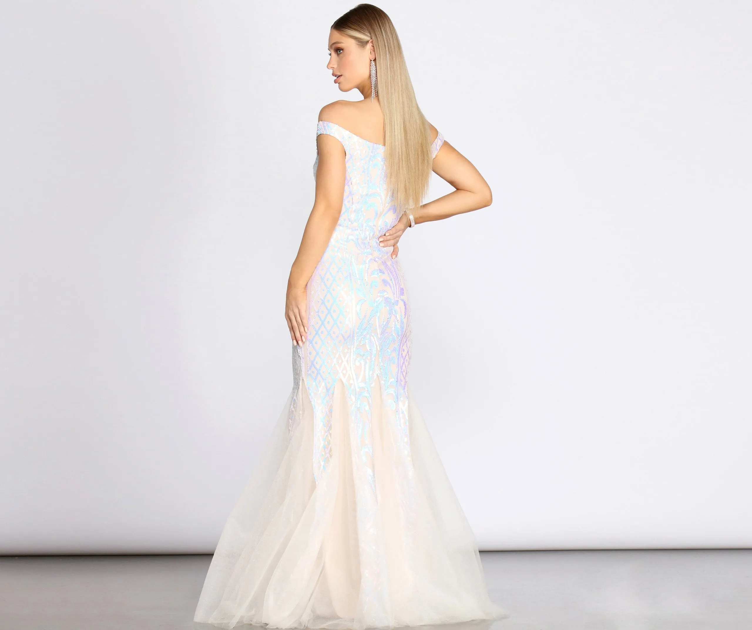 Andrina Iridescent Sequin & Graceful Tulle Off Shoulder Mermaid Dress