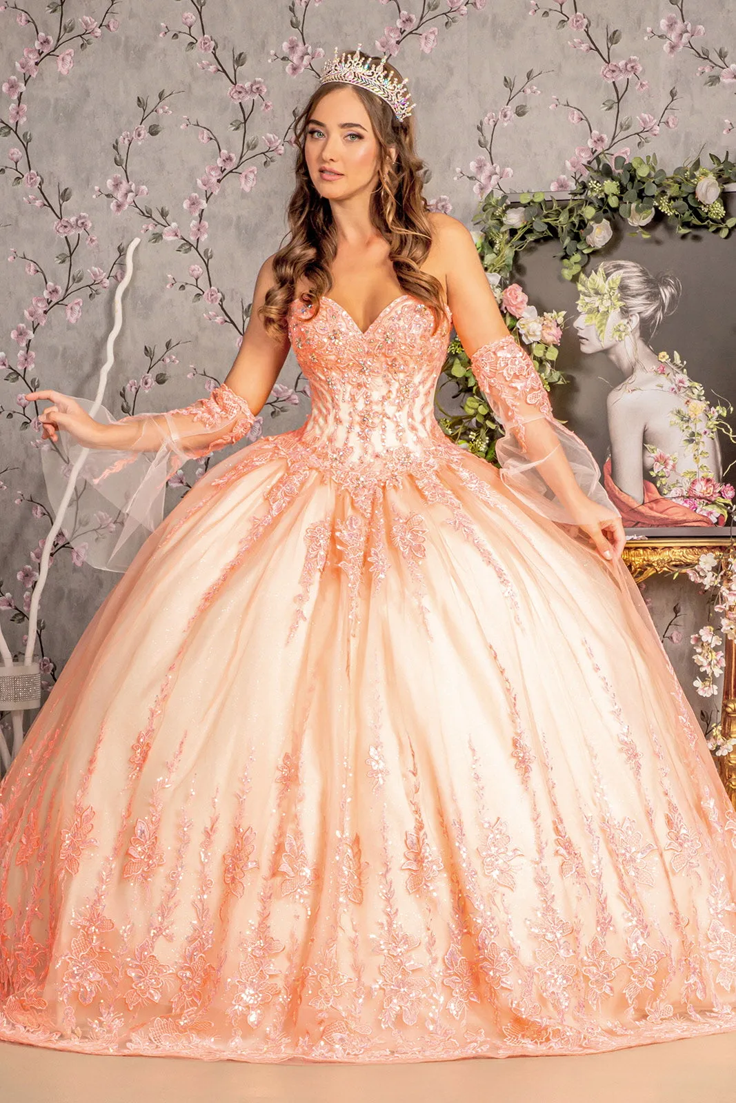 Applique Strapless Bell Sleeve Ball Gown by GLS Gloria GL3235