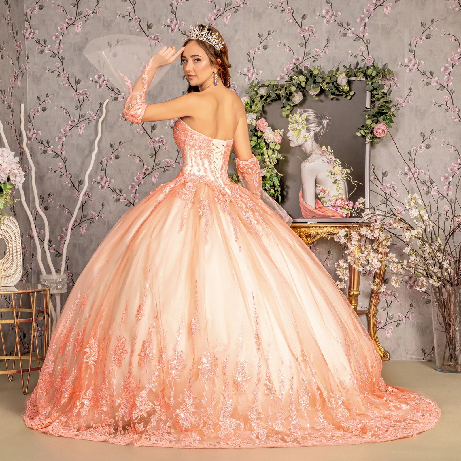 Applique Strapless Bell Sleeve Ball Gown by GLS Gloria GL3235