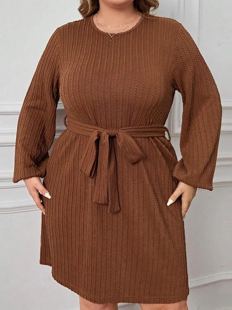 Autumn Knit Dresses - Comfortable A-Line Dress with Lantern Sleeves & Empire Waist