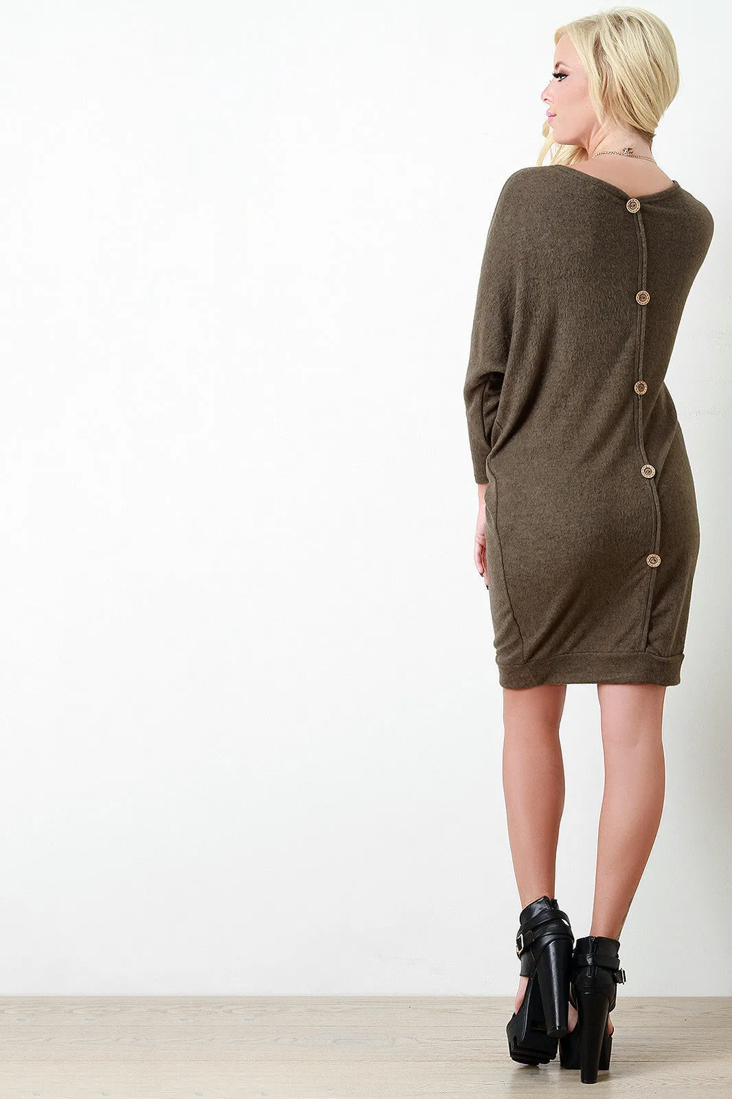 Back Button Accent Dolman Sleeves Sweater Dress