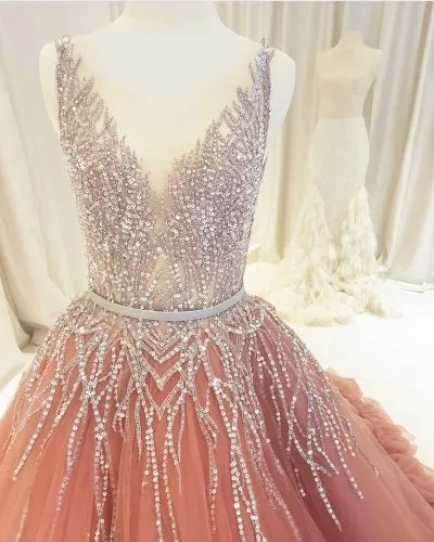 ball gown prom dresses long dusty pink beaded v neck elegant luxury prom gowns vestido de Longo