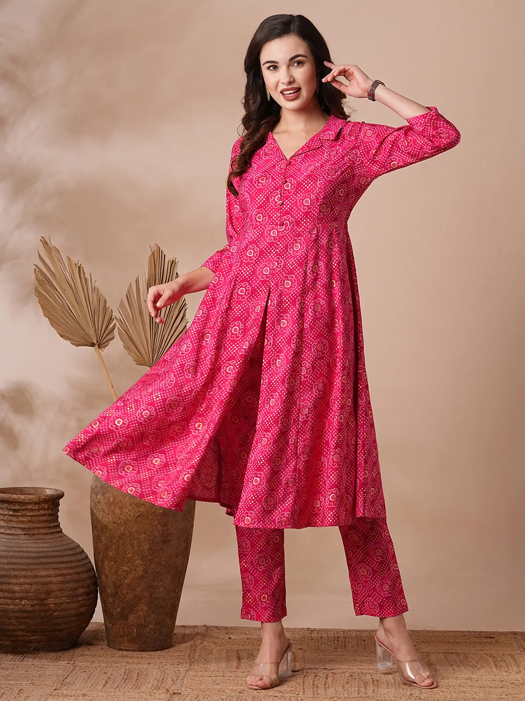 Bandhani Foil Printed A-Line Paneled Co-ord Set - Pink