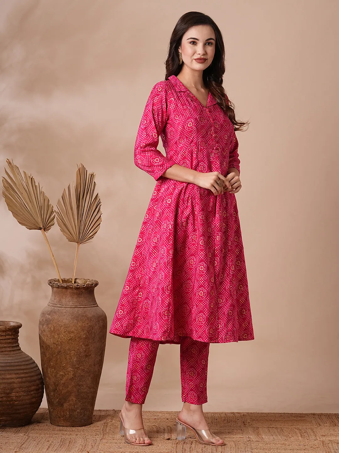 Bandhani Foil Printed A-Line Paneled Co-ord Set - Pink