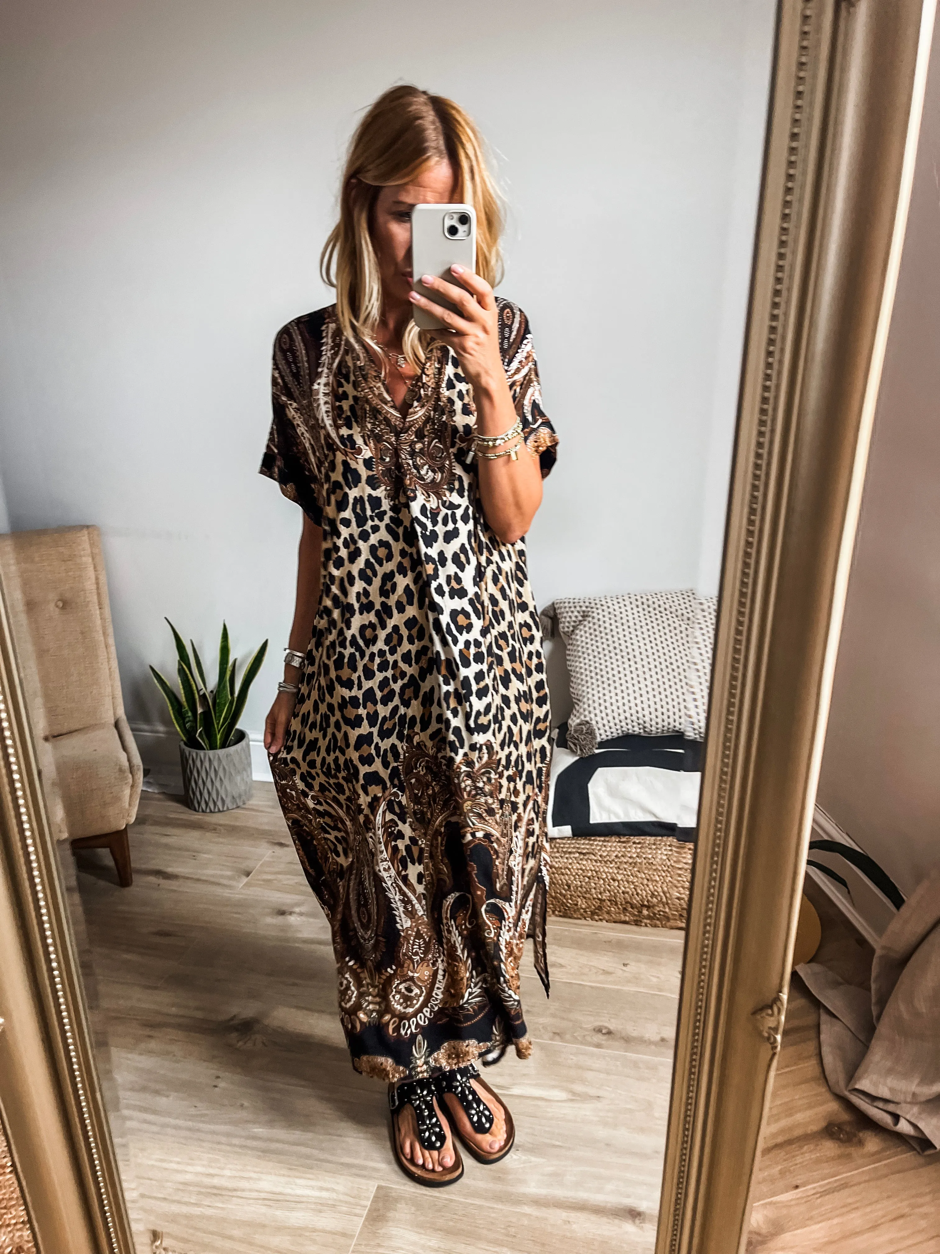 Baroque & Leopard Print Midi Dress