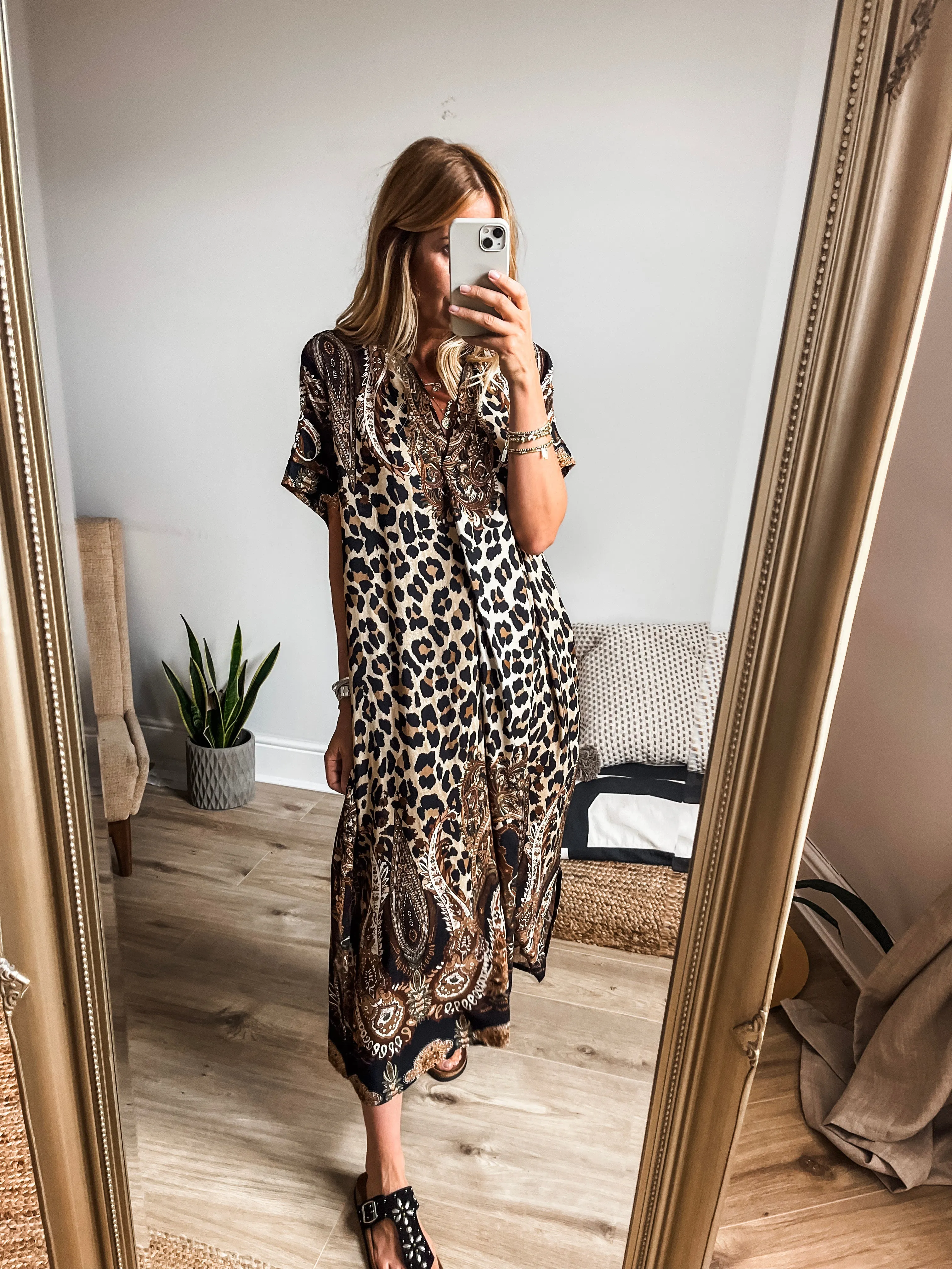 Baroque & Leopard Print Midi Dress