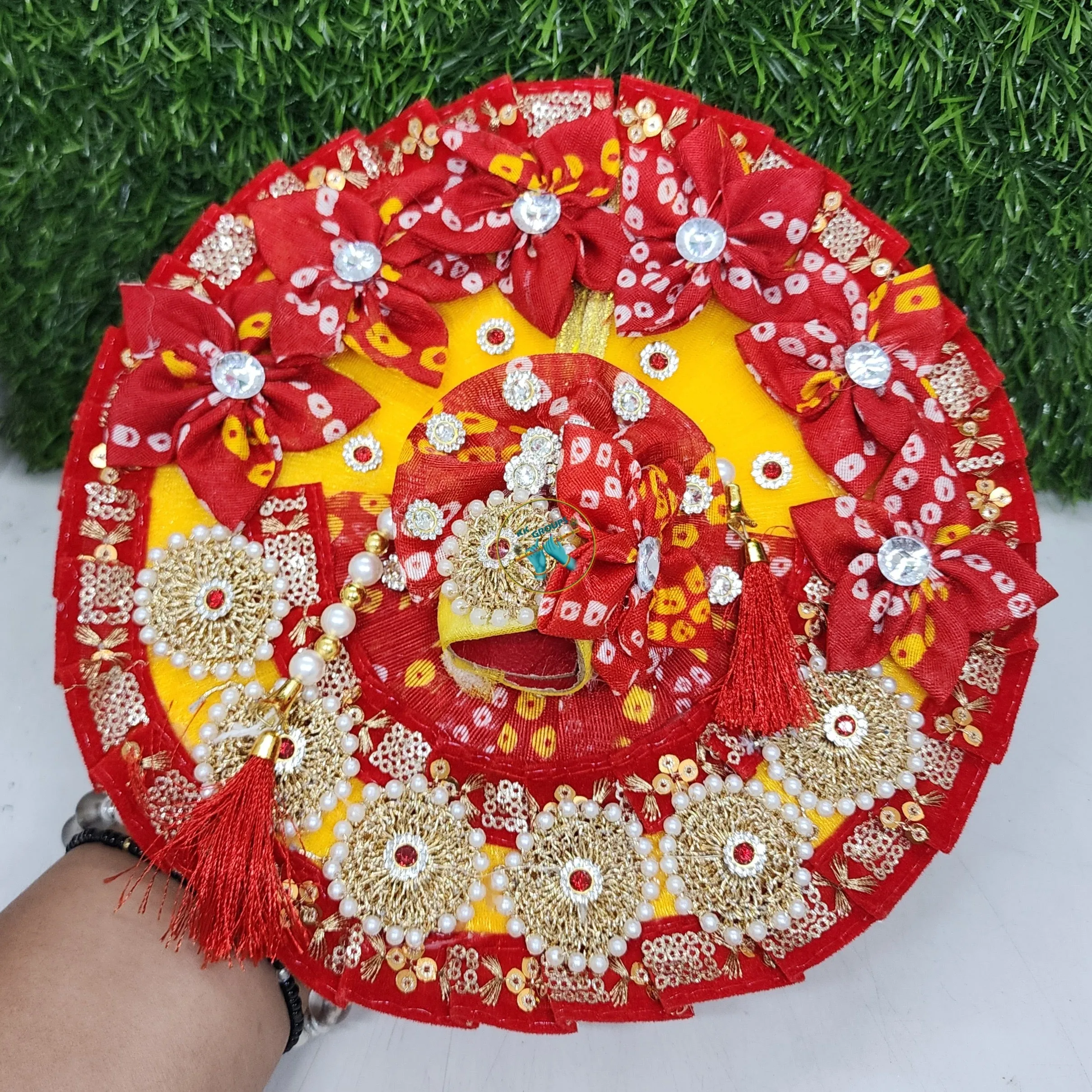 Beautiful red bhandej with crochet dress for laddu gopal ji