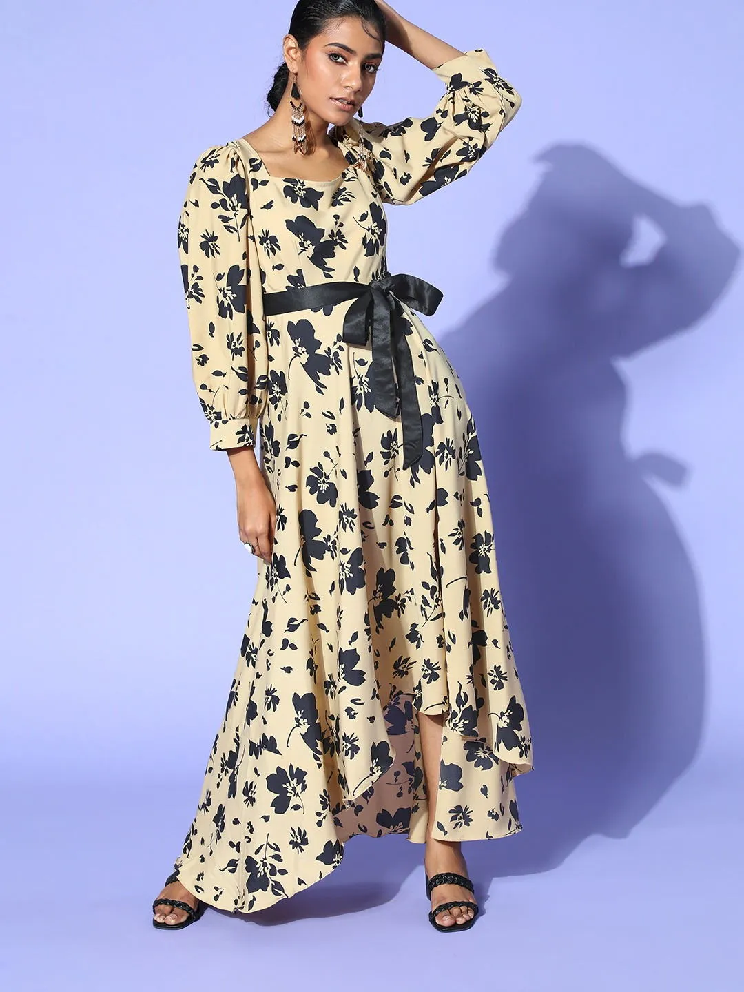 Beige Crepe Floral Printed Partywear Dress with Belt