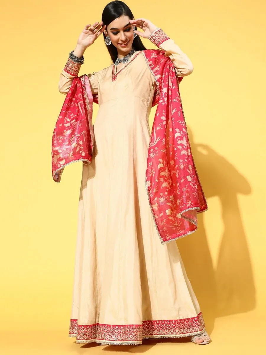 Beige Party Wear Kurta with Dupatta