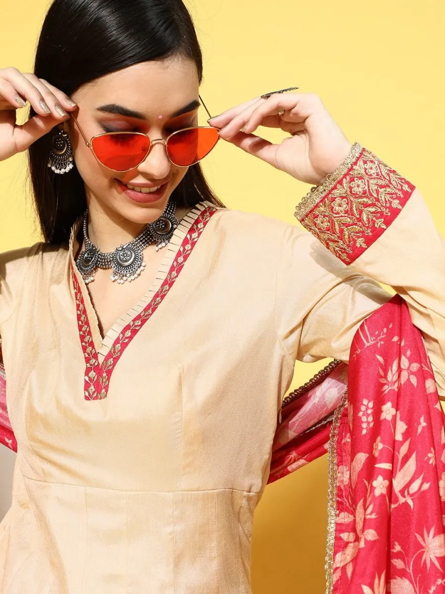 Beige Party Wear Kurta with Dupatta