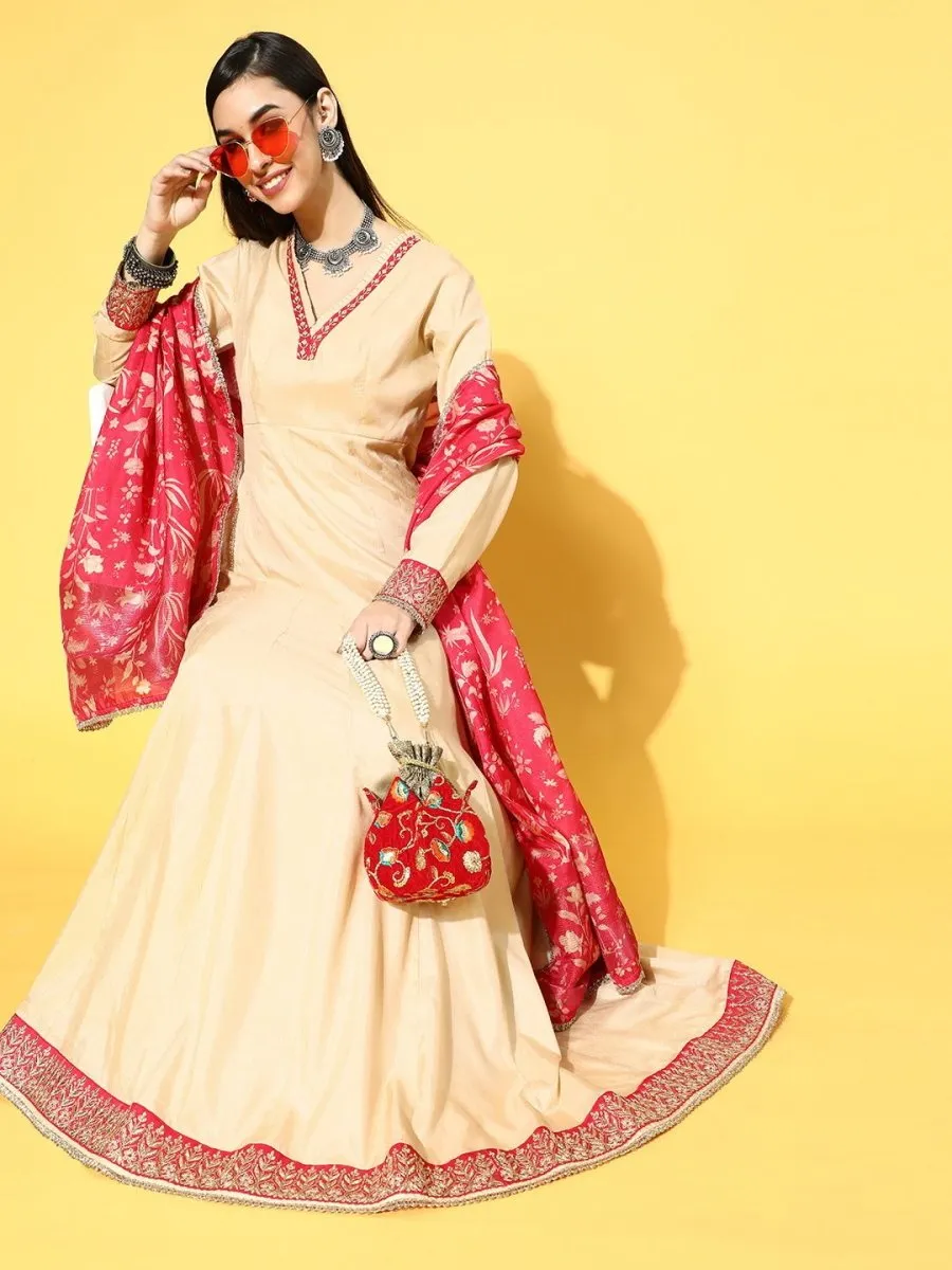 Beige Party Wear Kurta with Dupatta