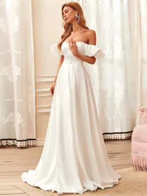 Belted Off-Shoulder Sweetheart Ball Gown Wedding Dress