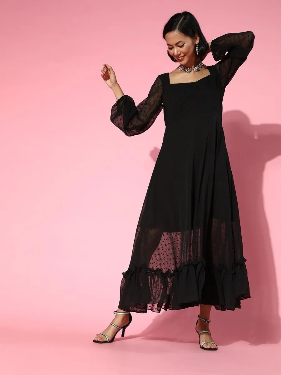 Black Self Design Ruffled Midi Gown