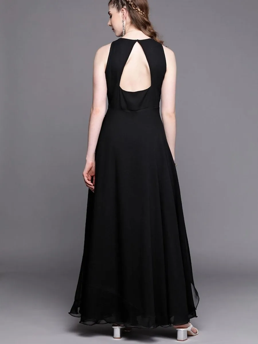 Black Sequinned Embroidered Party Gown