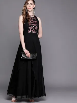 Black Sequinned Embroidered Party Gown