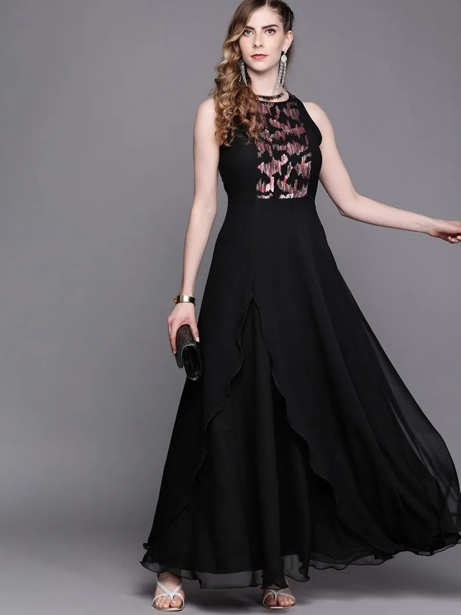 Black Sequinned Embroidered Party Gown