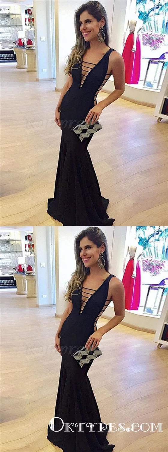 Black Sexy  Mermaid Low Cut V-Neck Long Cheap Prom Dresses, TYP1796