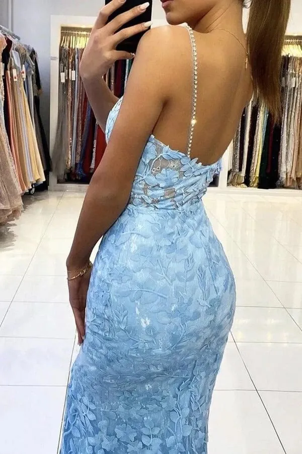 Blue Mermaid V-neck Pearl Straps Lace Appliques Prom Dresses With Slit, SP953