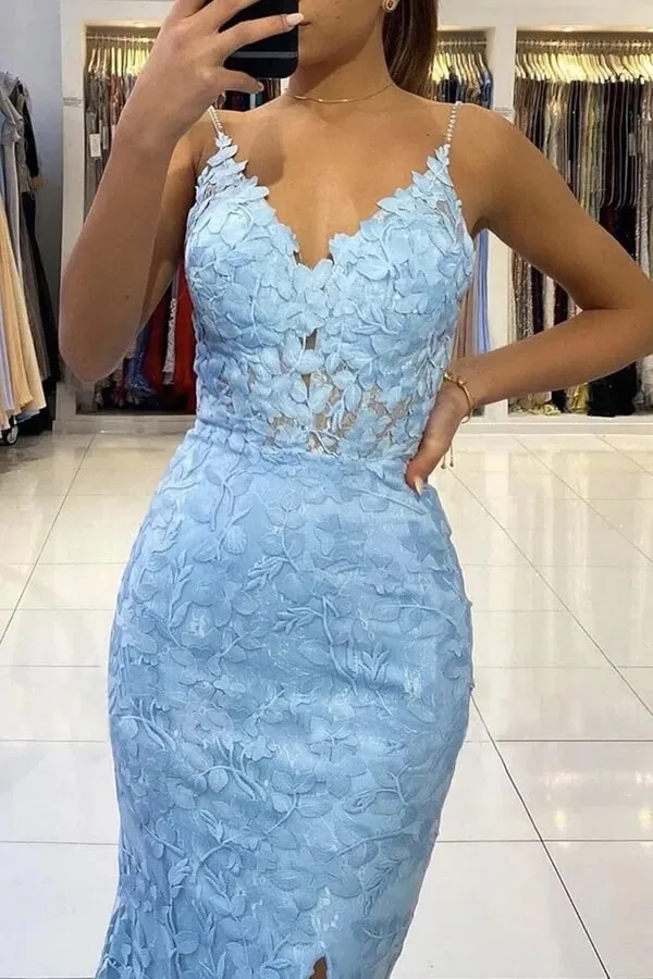 Blue Mermaid V-neck Pearl Straps Lace Appliques Prom Dresses With Slit, SP953