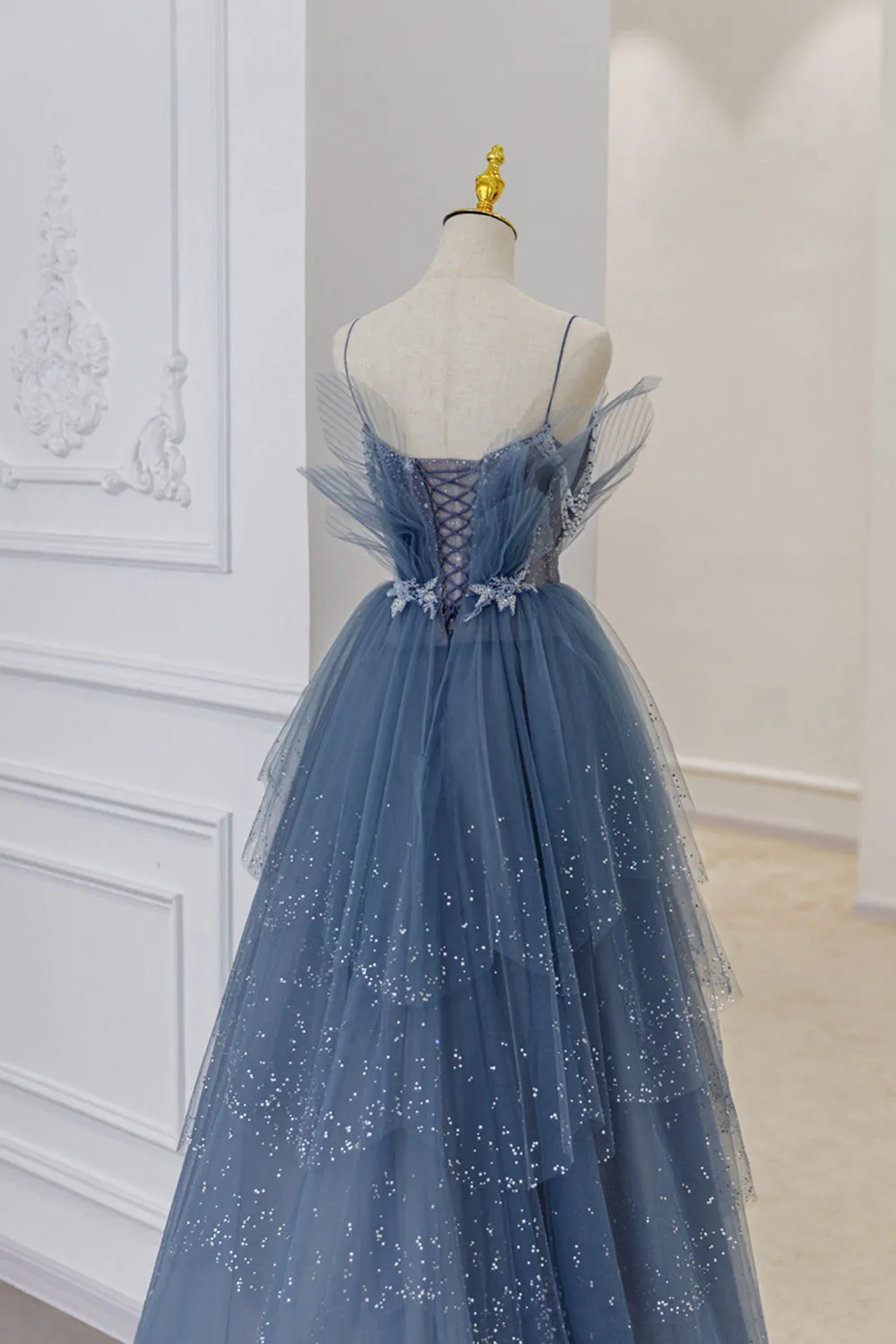 Blue Tulle Layers Straps Beaded Long Prom Dresses A-Line Evening Dresses