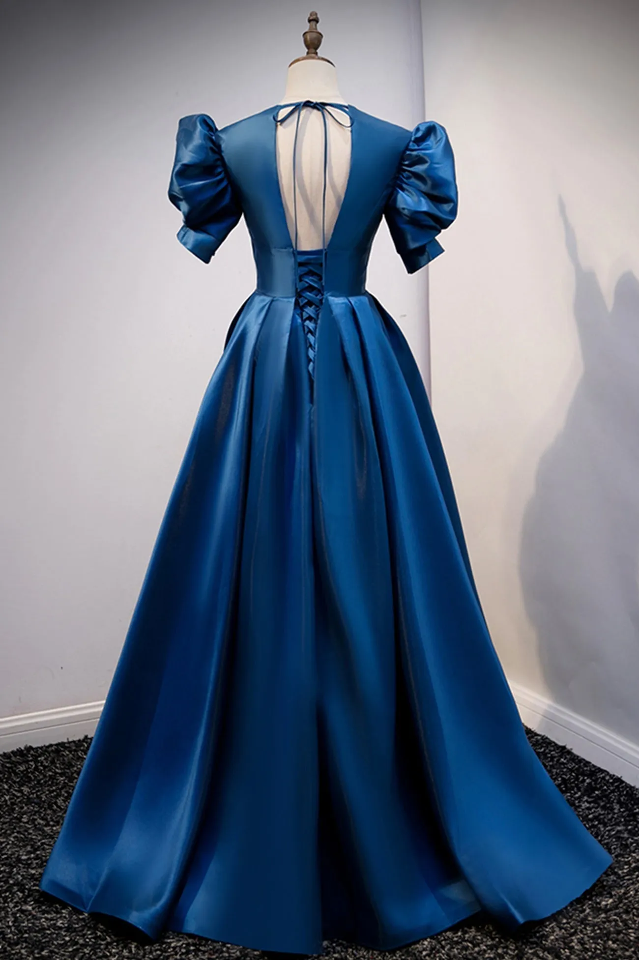 Blue V-Neck Satin Long Prom Dresses A-Line Blue Evening Dresses