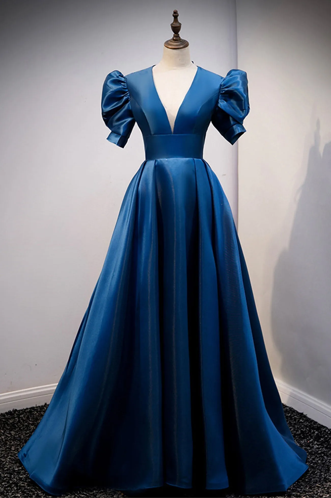 Blue V-Neck Satin Long Prom Dresses A-Line Blue Evening Dresses