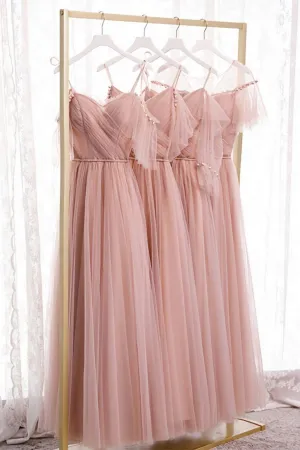 Blush Pink Tulle Long Bridesmaid Dresses Prom Dress Evening Dresses