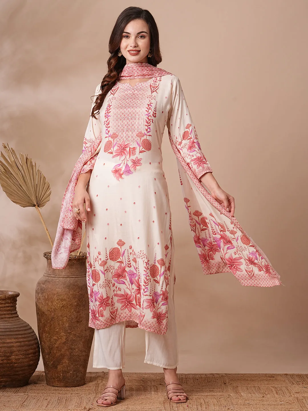 Botanical Floral Printed & Sequined Straight Kurta with Pant & Dupatta - Off White