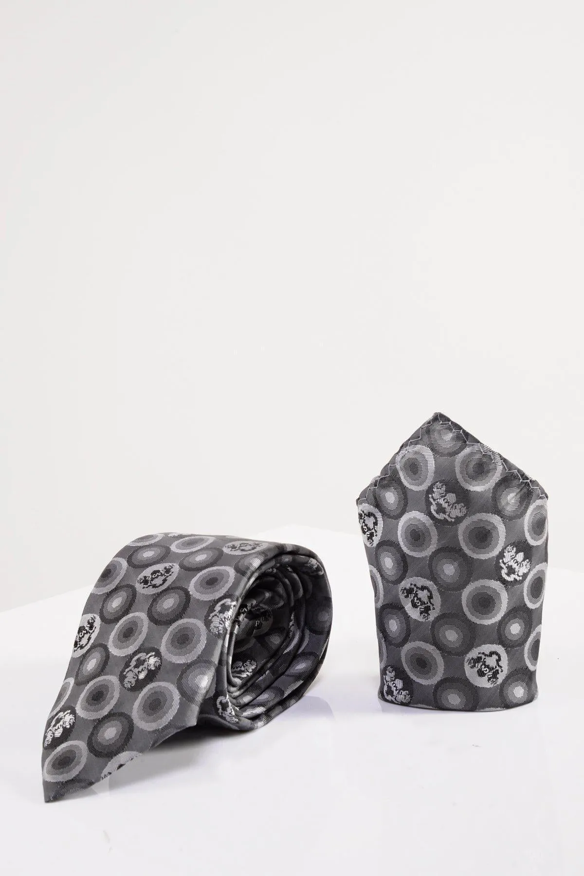 BUBBLES - Grey Bubble Circle Print Tie and Pocket Square Set