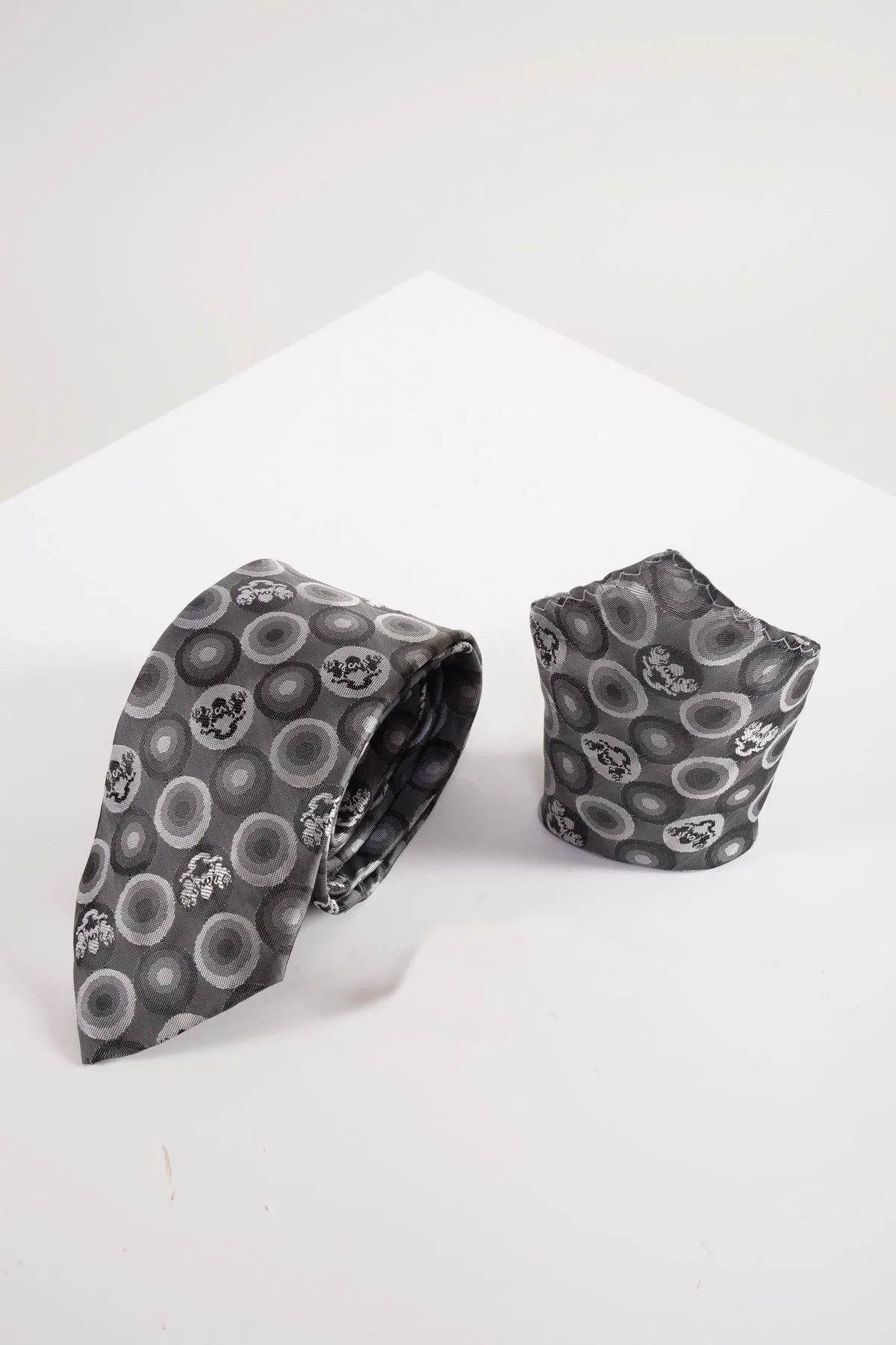 BUBBLES - Grey Bubble Circle Print Tie and Pocket Square Set