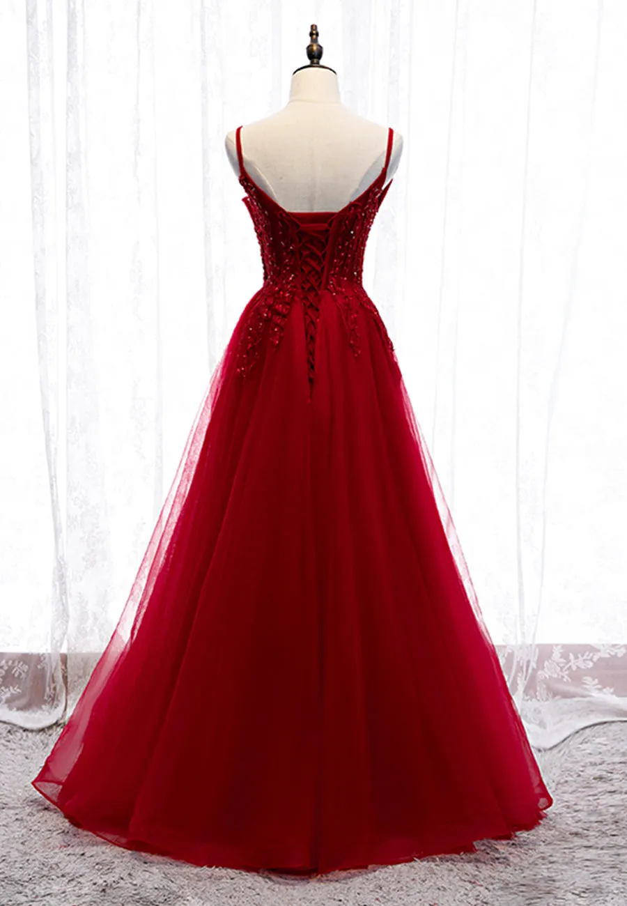 Burgundy Lace Long Prom Dresses A-Line Spaghetti Strap Evening Dresses