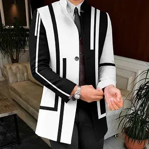 Casual Black And White Linear Art Print Coat