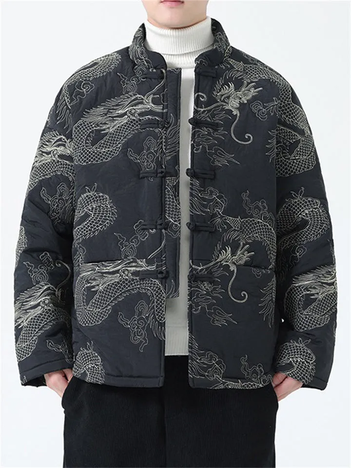 Casual Dragon Embroidered Padded Outerwear for Male