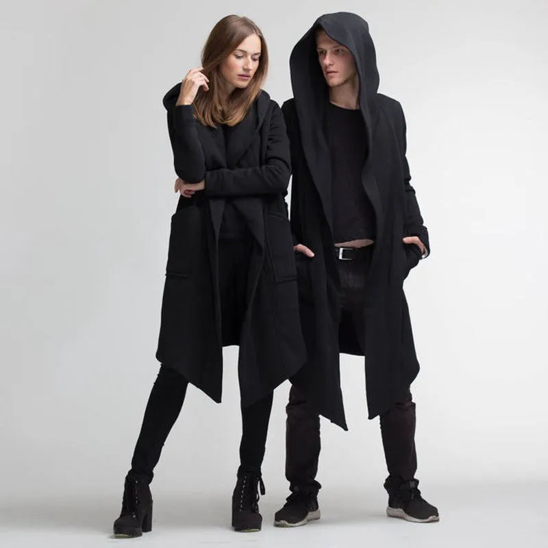 Casual Open Stitch Hooded Long Cloak Cape Coat Men Women Solid Pocket Loose Clock Coat