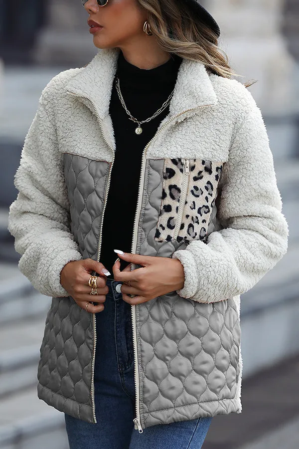 Casual Patchwork Plush Long Sleeve Leopard Print Pocket Loose Zipper Jacket