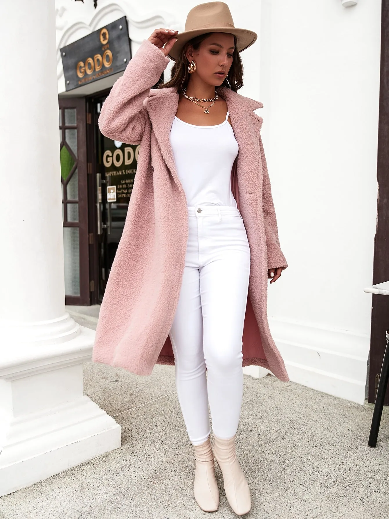 Casual Plain Double Button Long Sleeve Lapel Long Women Coat