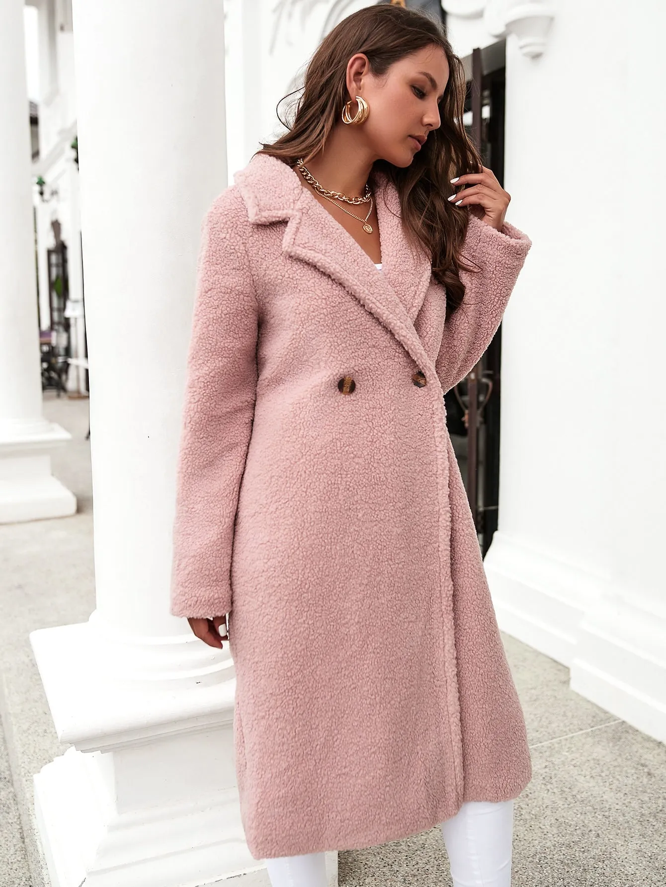 Casual Plain Double Button Long Sleeve Lapel Long Women Coat