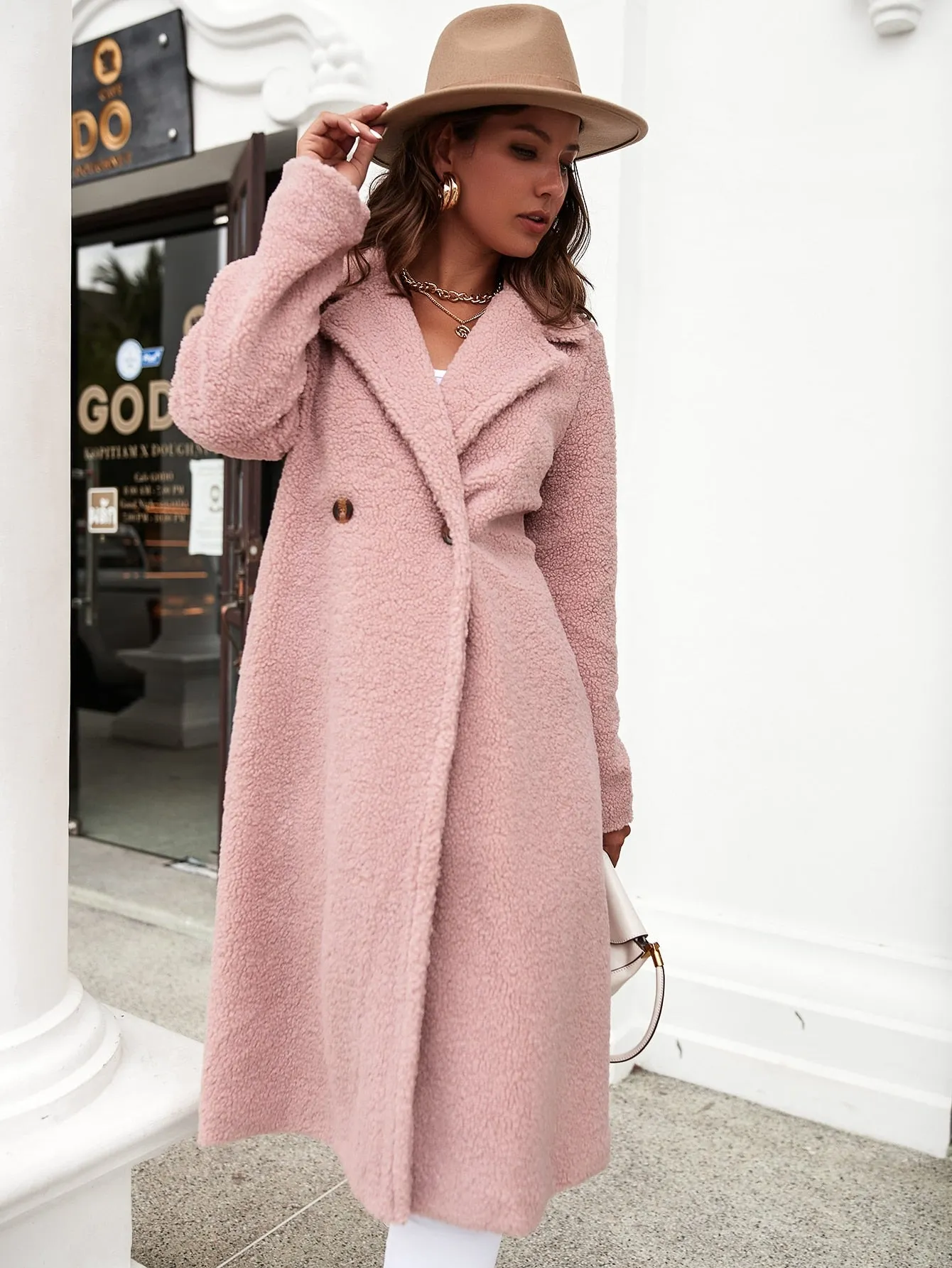 Casual Plain Double Button Long Sleeve Lapel Long Women Coat