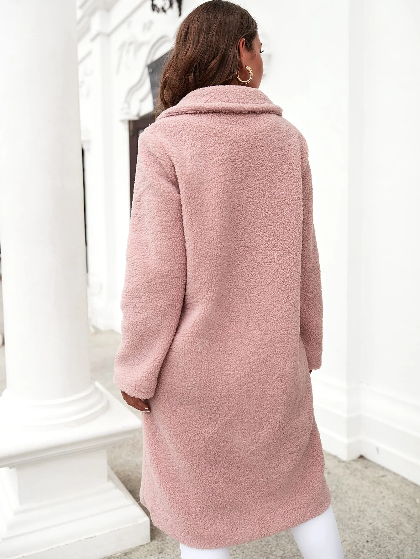 Casual Plain Double Button Long Sleeve Lapel Long Women Coat