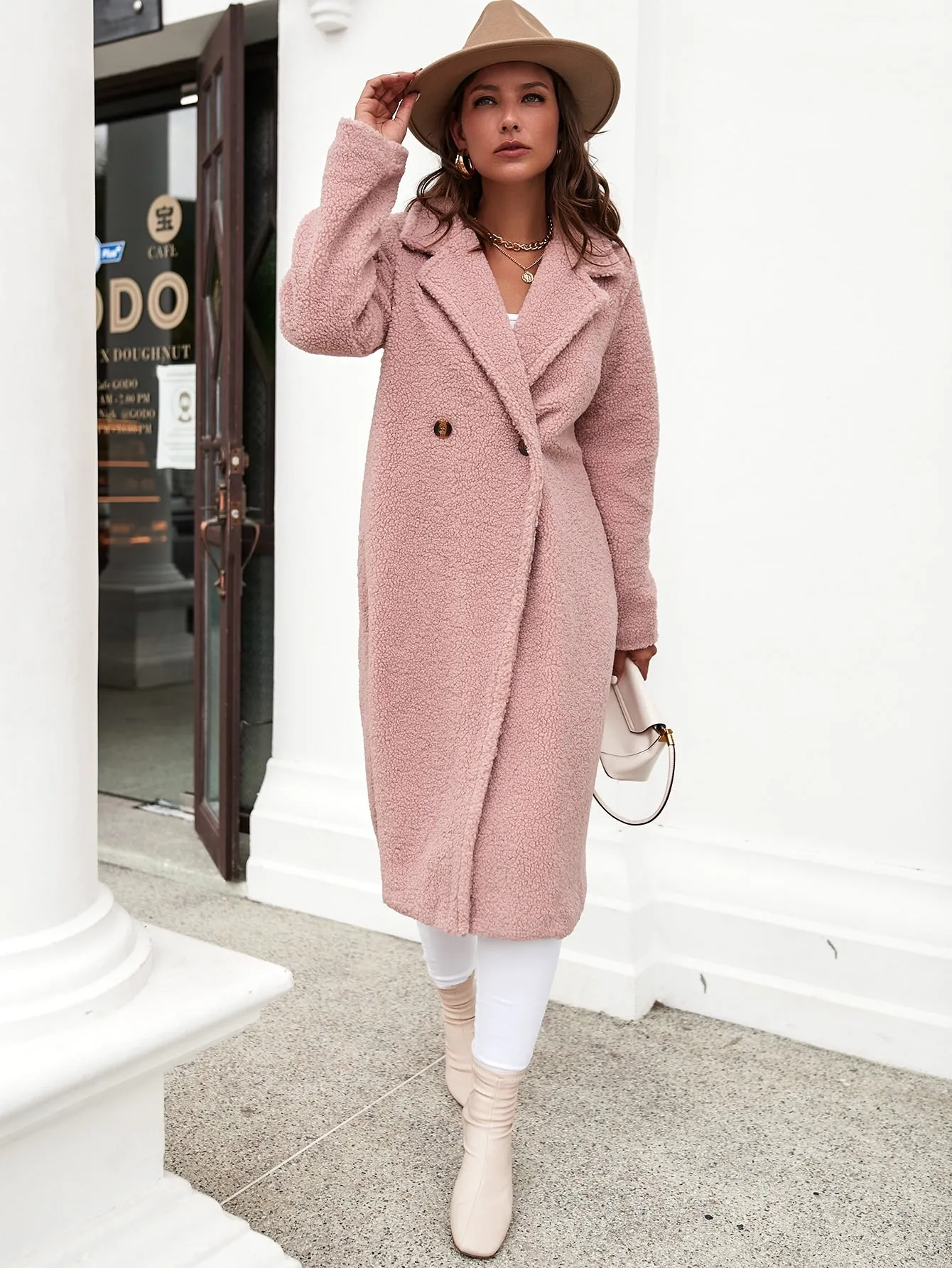 Casual Plain Double Button Long Sleeve Lapel Long Women Coat