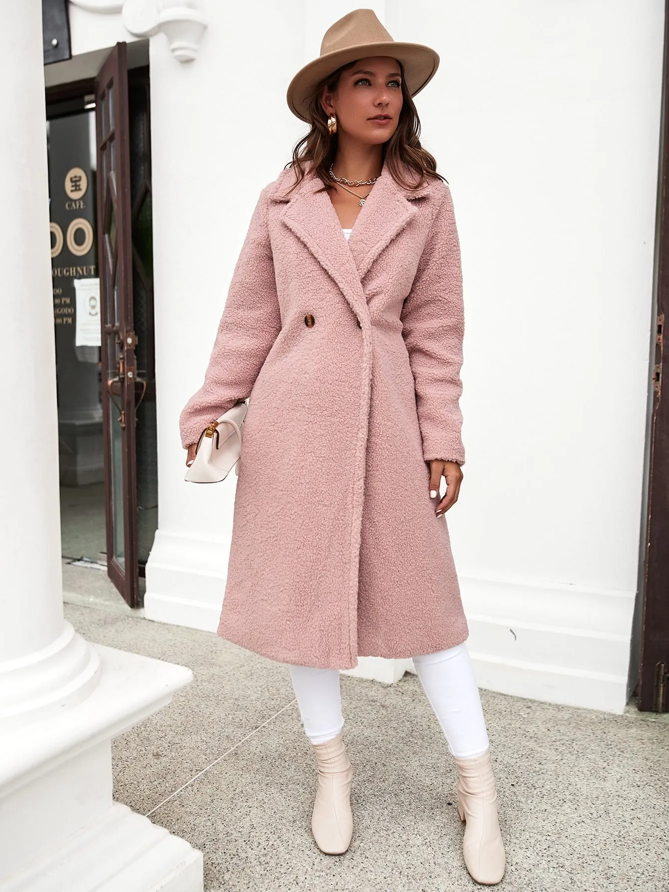 Casual Plain Double Button Long Sleeve Lapel Long Women Coat