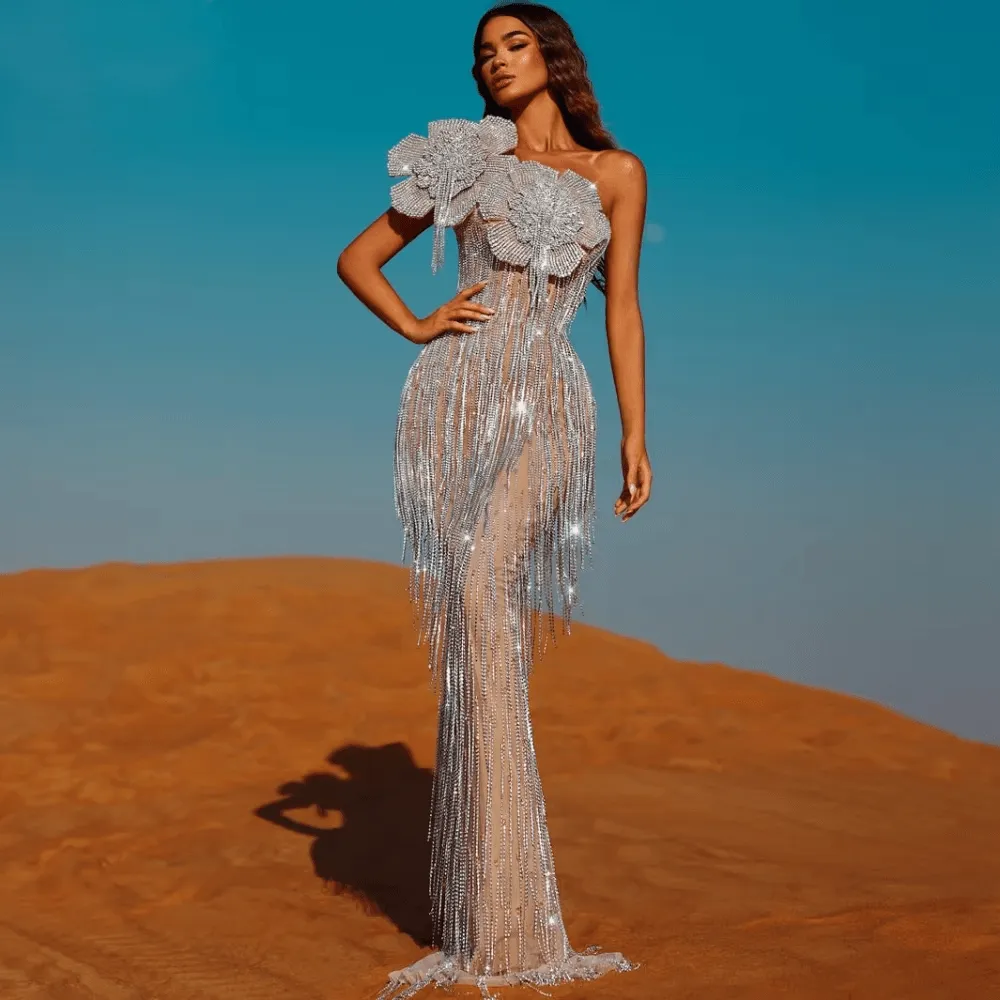 Celebrity-Inspired Luxury One-Shoulder Prom Gown with 3D Flowers, Hand-made Beads & Tassels – Sexy Illusion Evening & Cocktail Dress