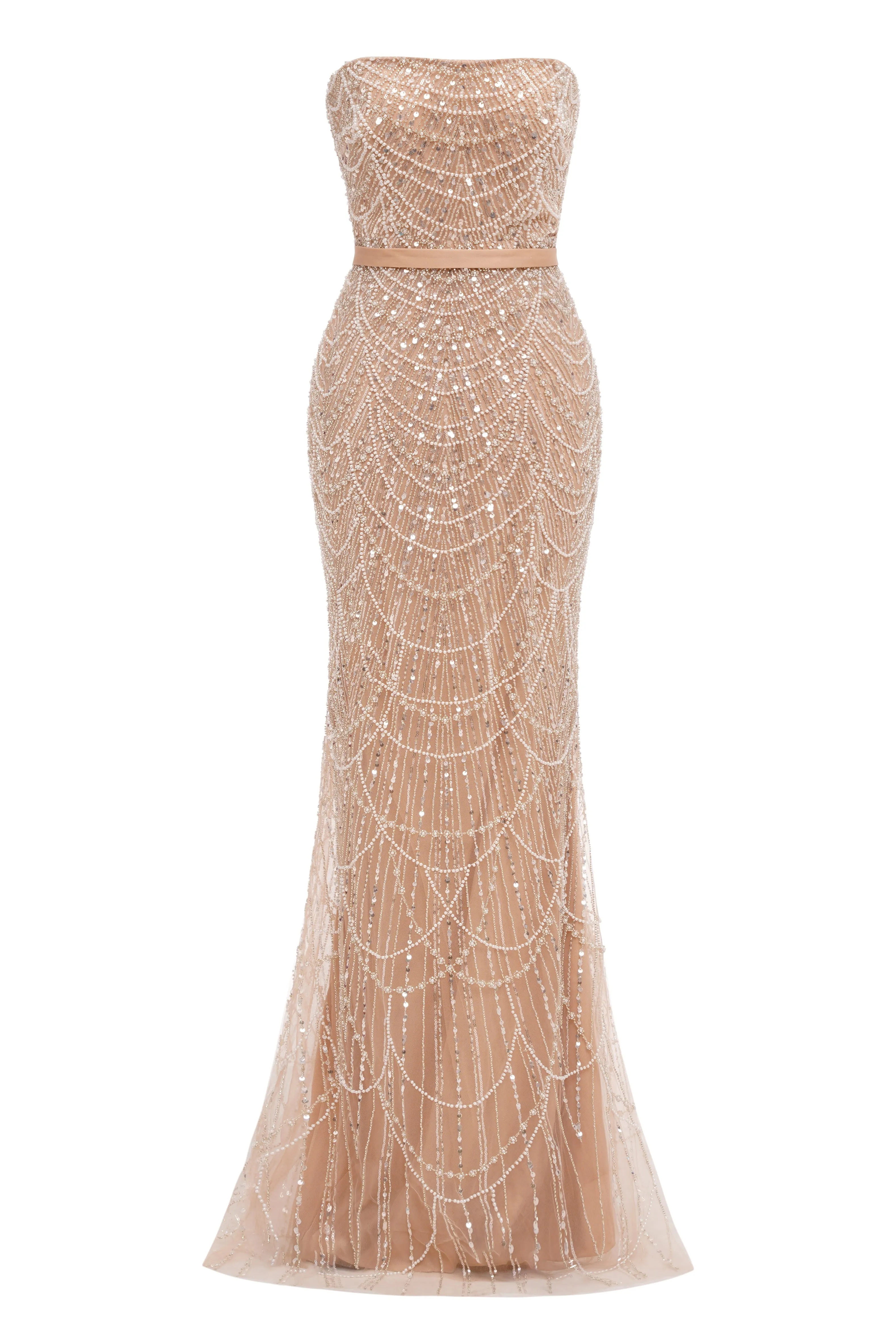 Champagne Beading Prom Dresses Sweep Train High Neck Zipper Sleeveless Fromal Dresses