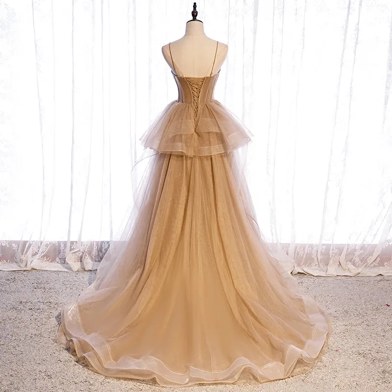 Champagne Tulle Sweetheart Straps Long Ball Gown Prom Dresses, Champagne Party Dresses